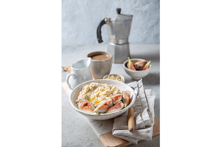 Healthy Oatmeal with figs. Coffee, a Food & Drink Photo by LARISA BLINOVA