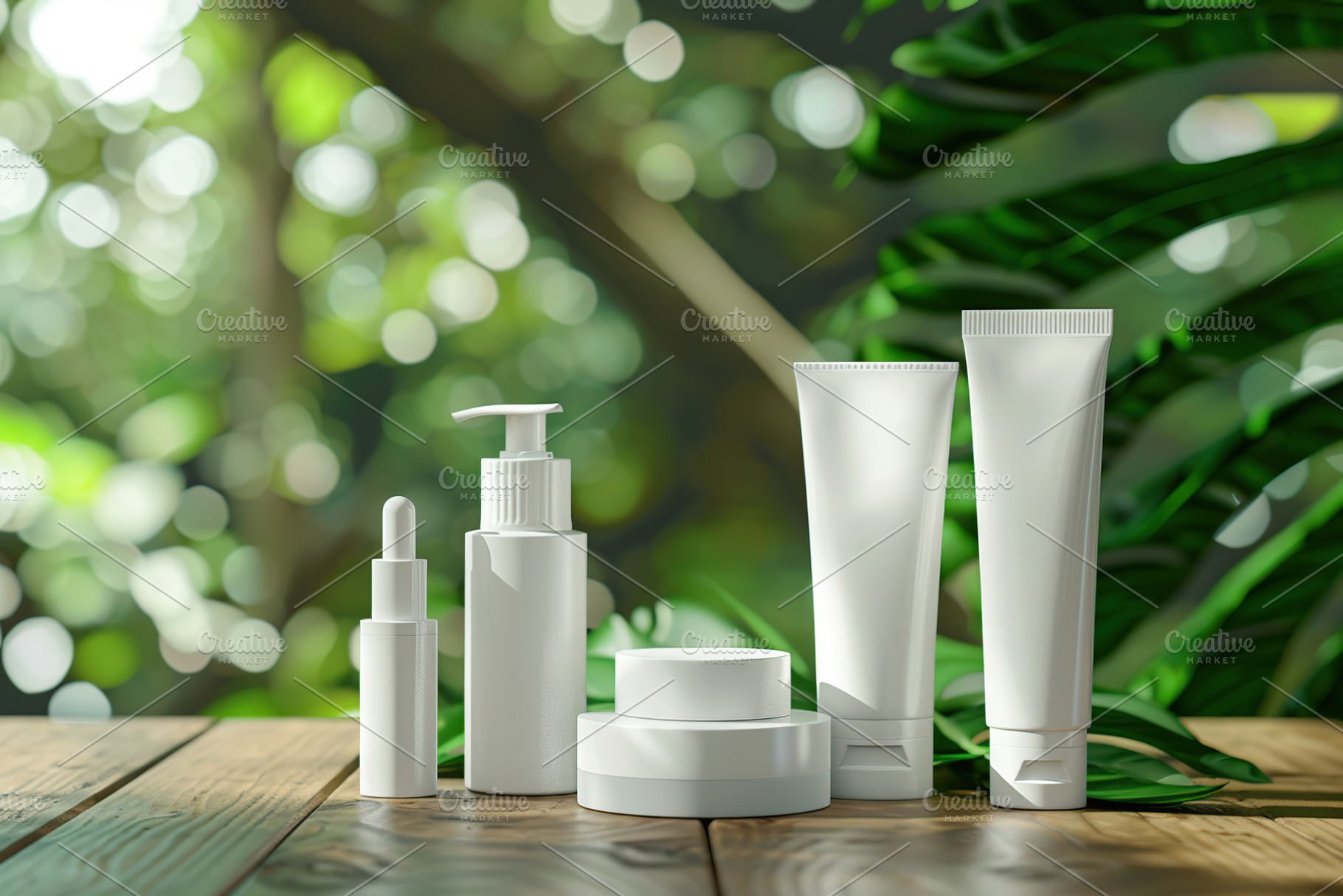 Different blank cosmetic containers on blurred green background, a Beauty & Fashion Photo by AlyaAnd