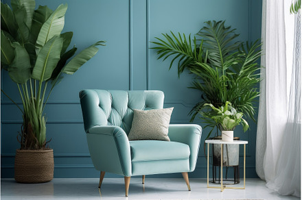 Green armchair blue wall decor, an Abstract Photo by Ylivdesign