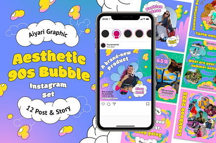 Aesthetic 90s Bubble Instagram Set, a Social Media Template by Aiyari Graphic