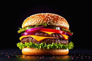 Classic hamburger with cheddar cheese and fresh vegetables, a Food & Drink Photo by GoodGoods