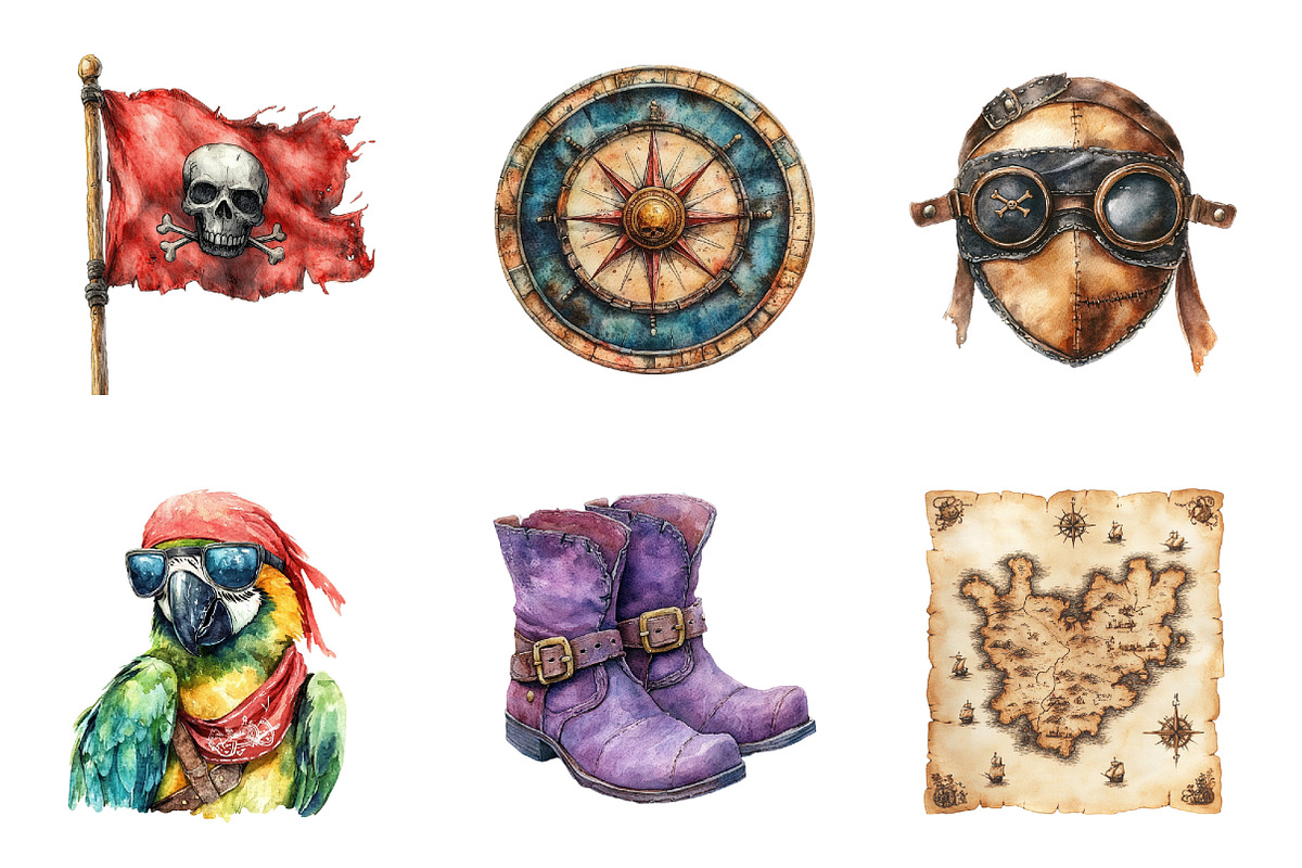 Watercolor Pirate Clipart Bundle, an Illustration by SinaCreation (Photo 3 of 5)