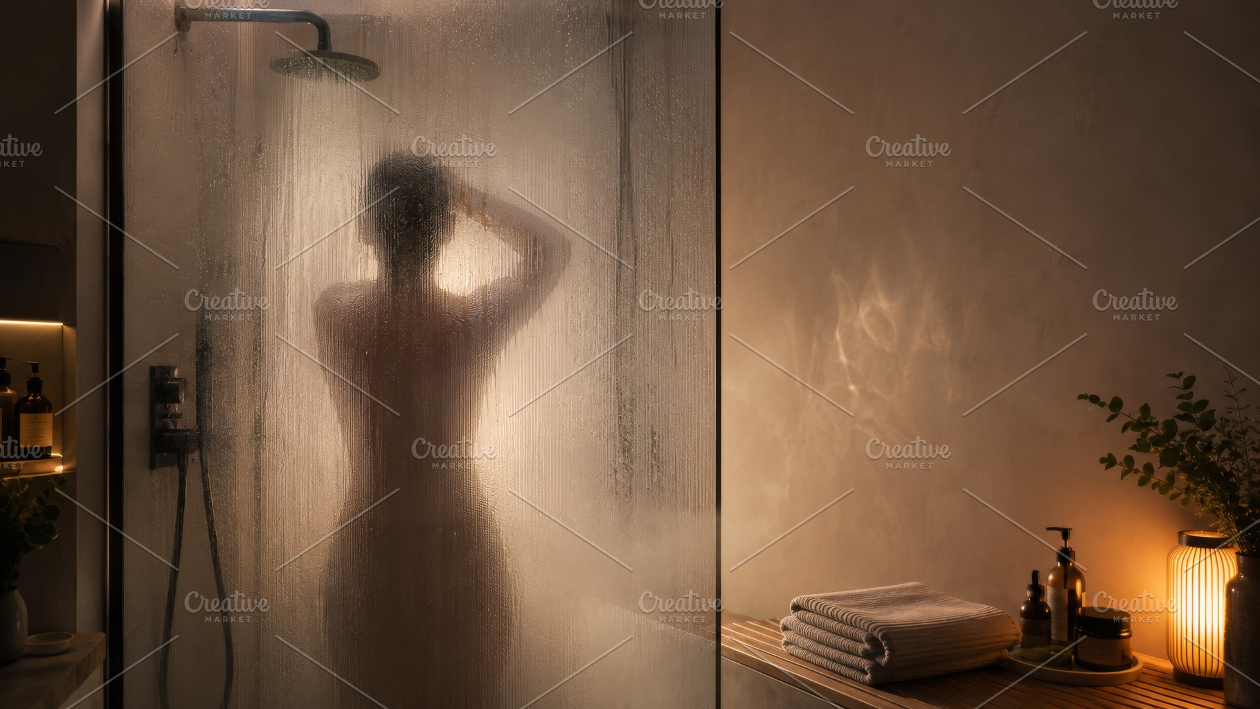 Dark showering concept. Woman showering in dimly lit bathroom, s, a Photo by Dvoevnore photos