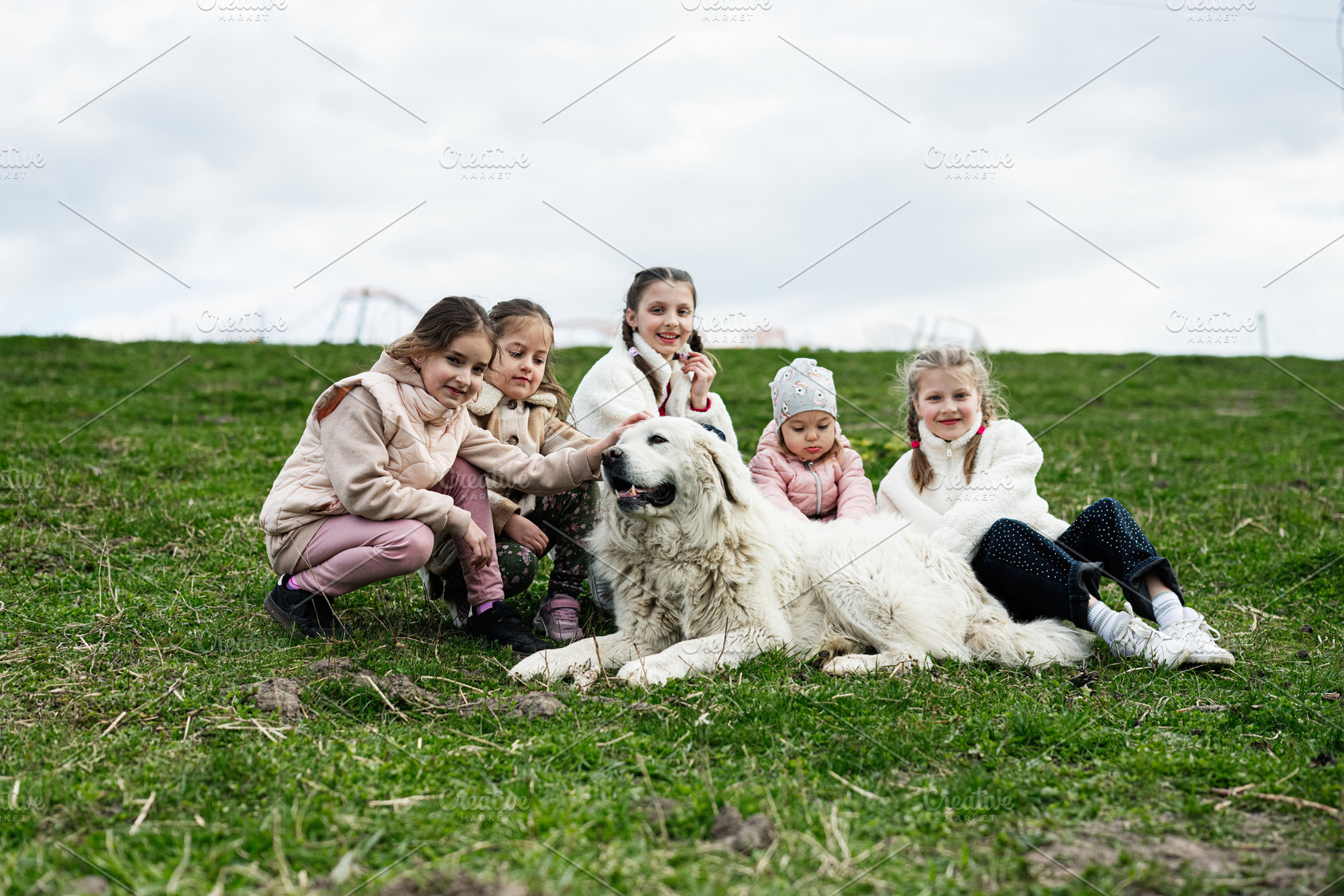 Five girls petting a large white dog while sitting on a grassy hill during an o, a Person Photo by AS photostudio