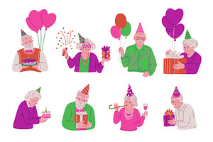 Happy old people in festive hat with, a Person Illustration by Sabelskaya