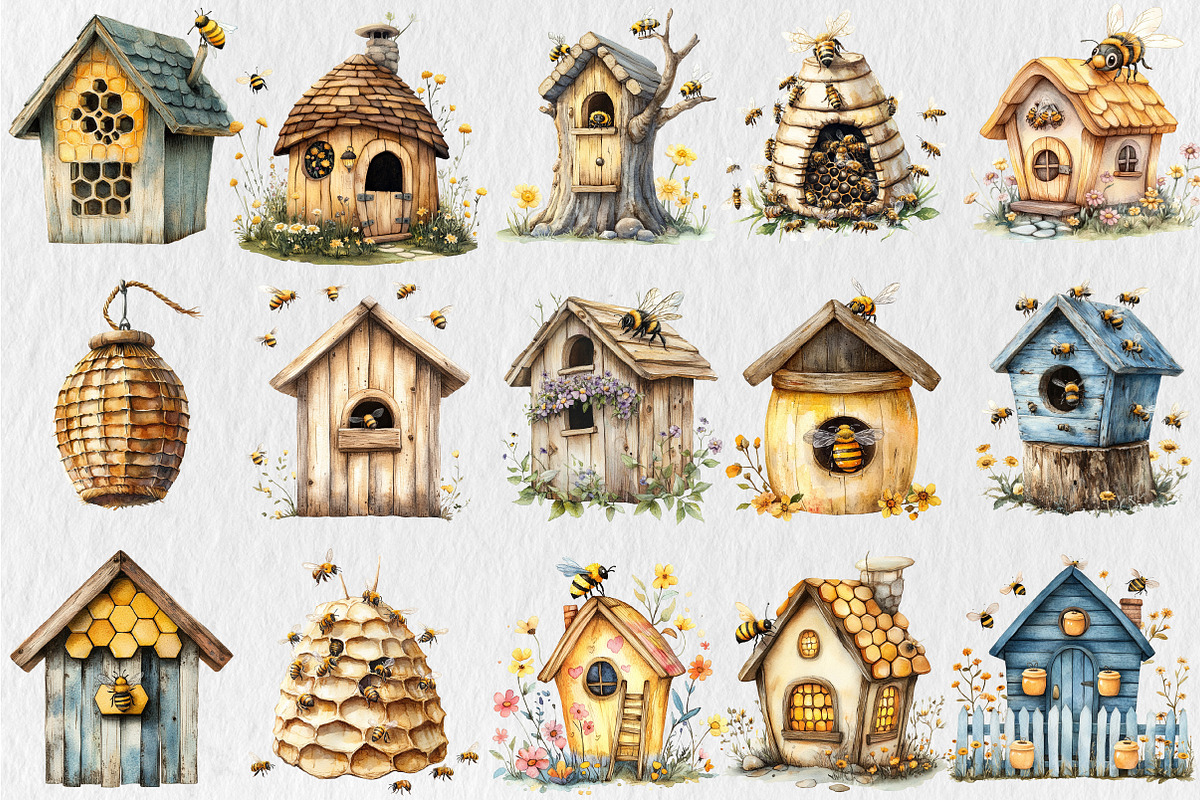 Bee House Clipart Bundle, a Work Illustration by Rose Art (Photo 3 of 4)