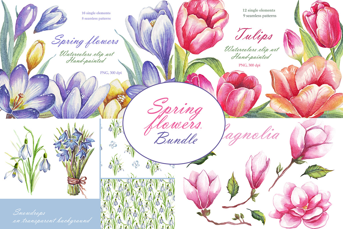 Spring flowers bundle PNG + patterns, an Illustration by Alena Kurian (Photo 1 of 10)