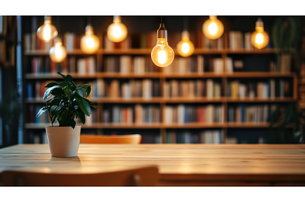 Cozy library with wooden table and, a School & Education Photo by Lermont51