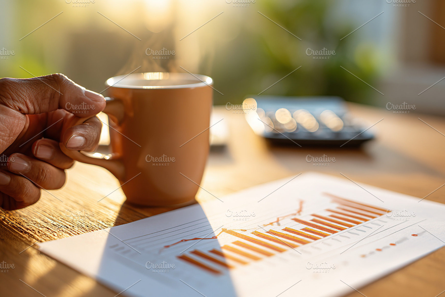 Working on financial analysis with graphs and calculator in a cozy workspace du, a Photo by AlyaAnd