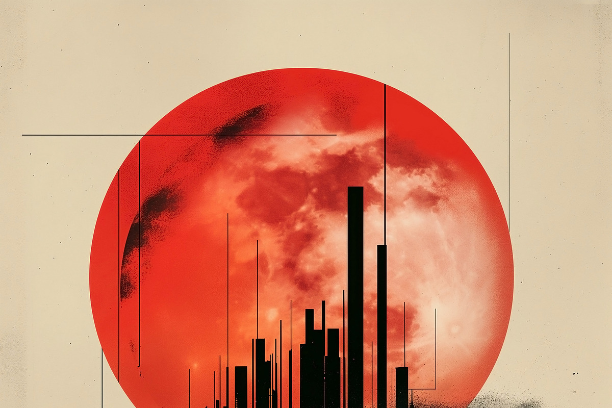 Abstract digital art featuring geometric shapes and a large red, a Decorative Illustration by ImageMir