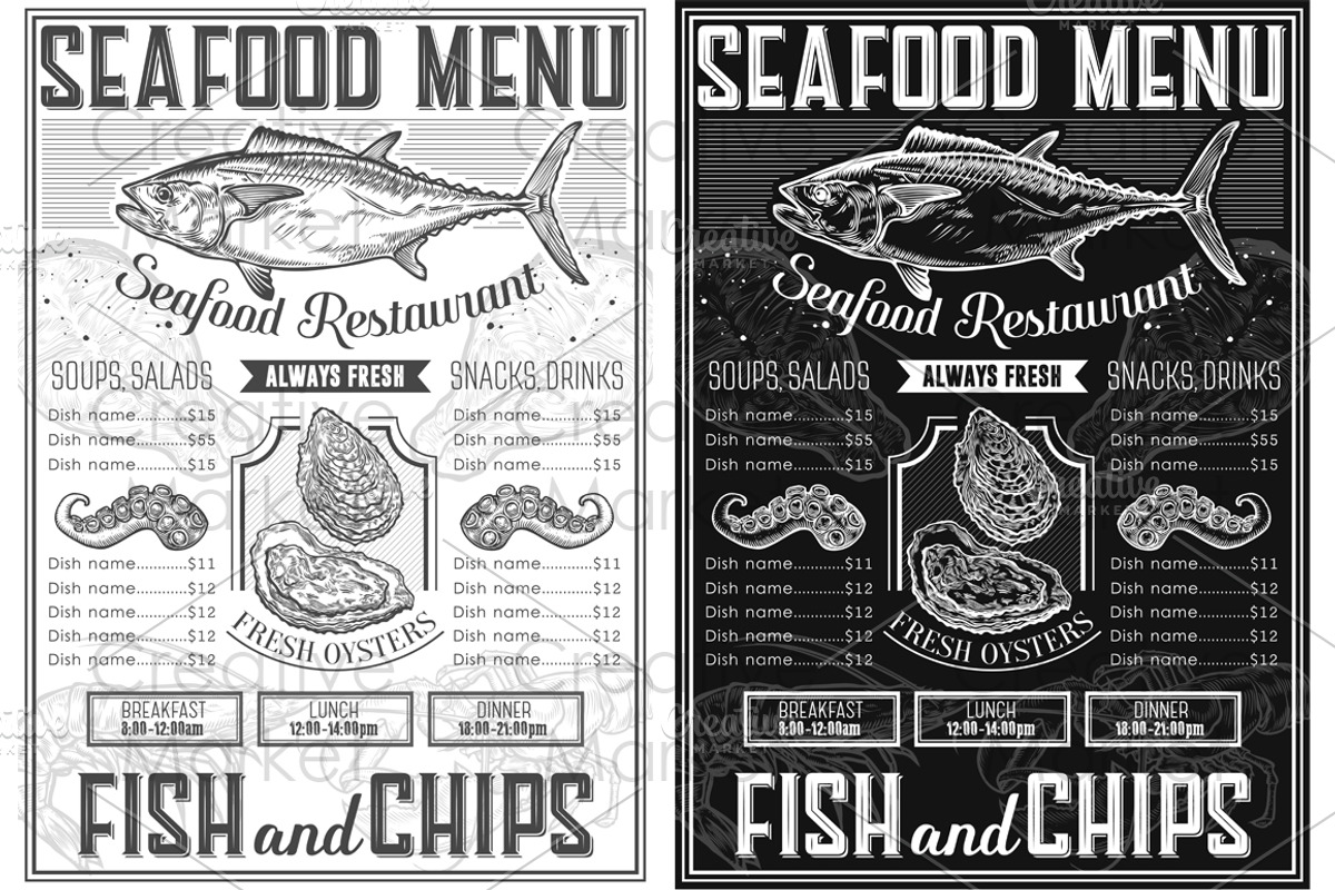 Seafood retro menu templates, a Food Illustration by Sketch Seven Shop