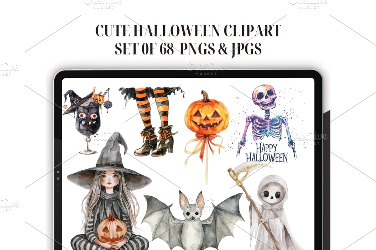 Cute Halloween Watercolor Clipart, an Illustration by CraftCrateShop (Photo 1 of 7)