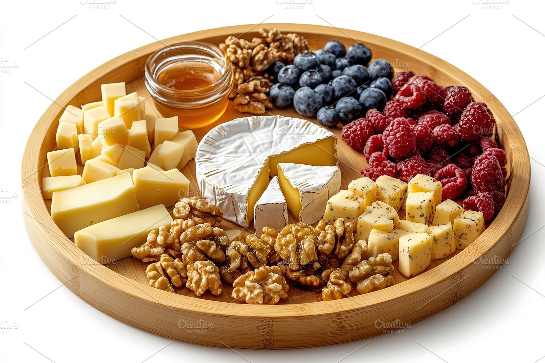 Cheese platter featuring brie, cheddar, and blue cheese with fruits and nuts in, a Food & Drink Photo by AlyaAnd
