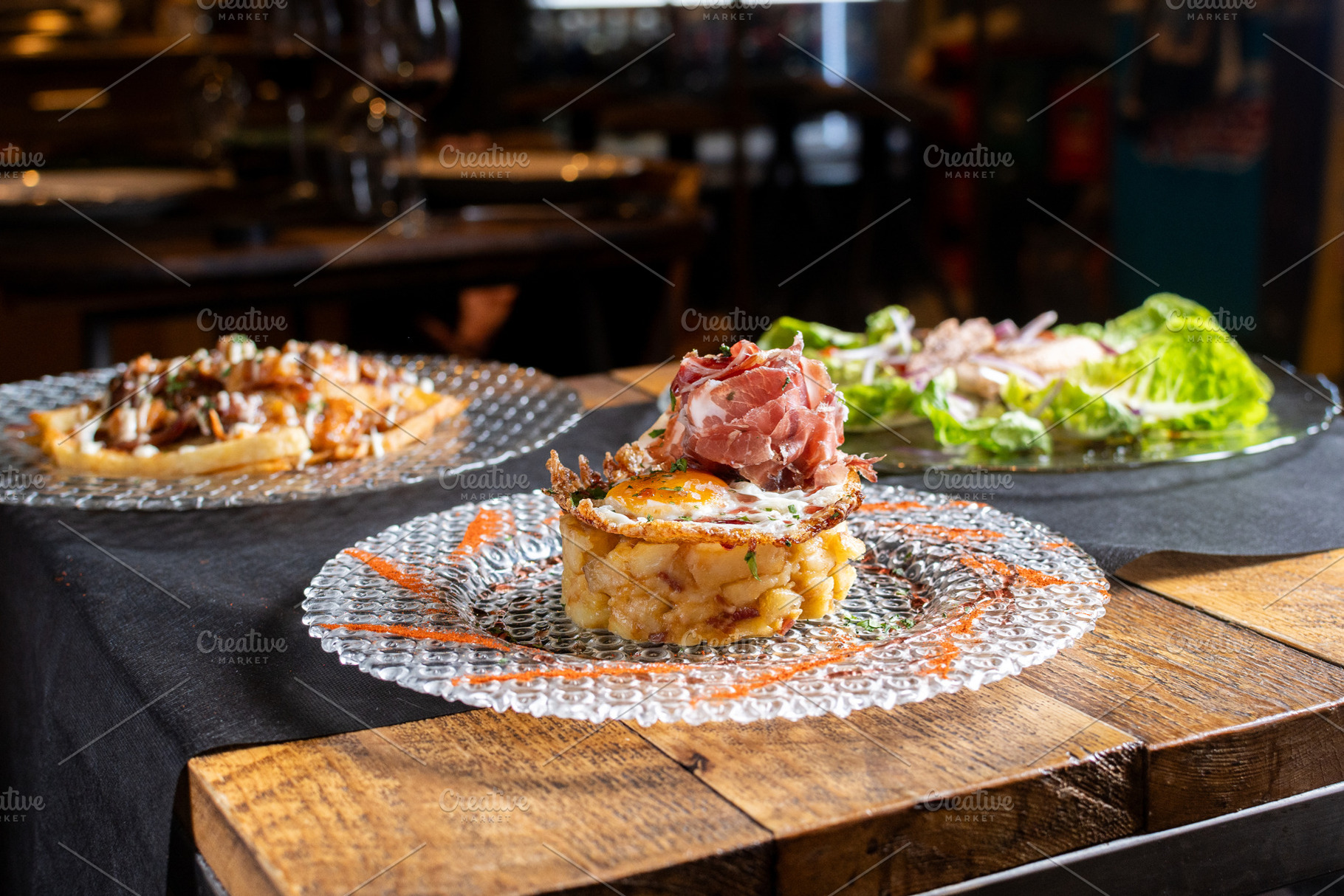 Gourmet dish on restaurant table, a Food & Drink Photo by etorres69