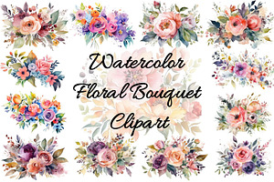Watercolor Floral Bouquet Clipart, an Illustration by Mashimara
