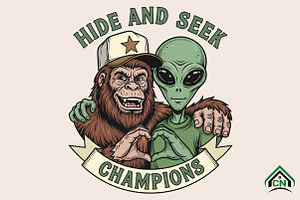 Funny Bigfoot and Alien, an Illustration by Craft Nest
