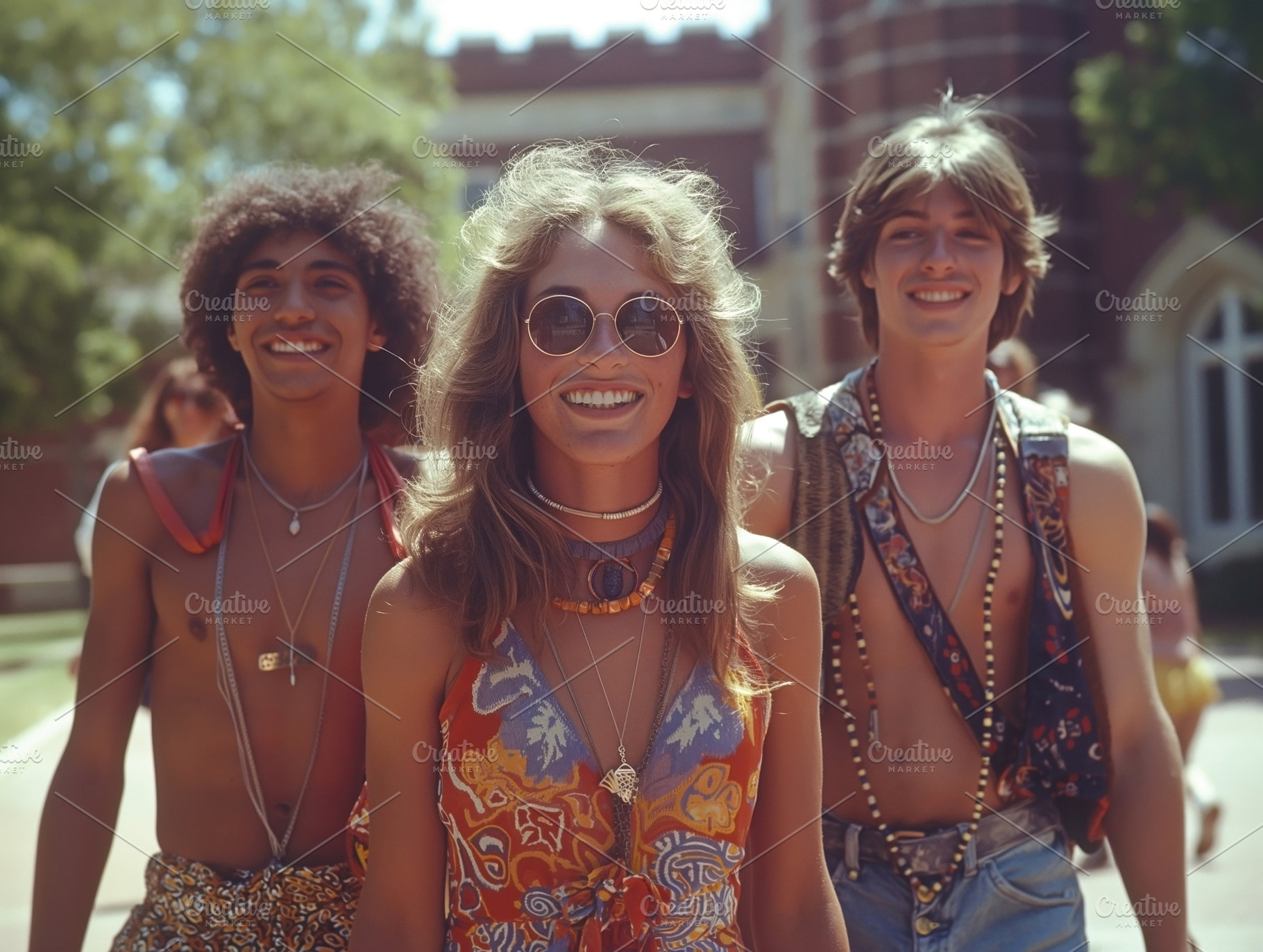 Three young adults, two males and a female, dressed in vibrant bohemian attire, a Person Photo by ImageMir