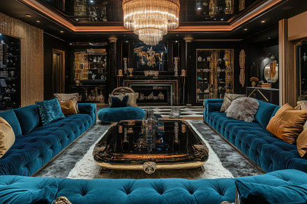 A luxurious Hollywood Glam interior design style living room featuring deep blu, an Arts & Entertainment Photo by Textures & Backgrounds