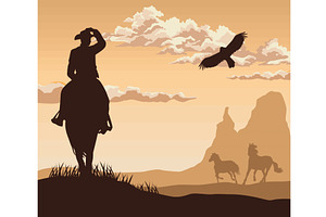 Cowboy With Horses And Eagle