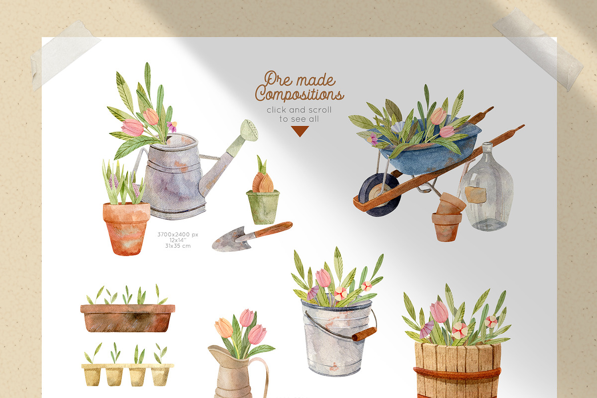 Gardening Tools Clipart, a Decorative Illustration by Julia M. Watercolor (Photo 6 of 11)