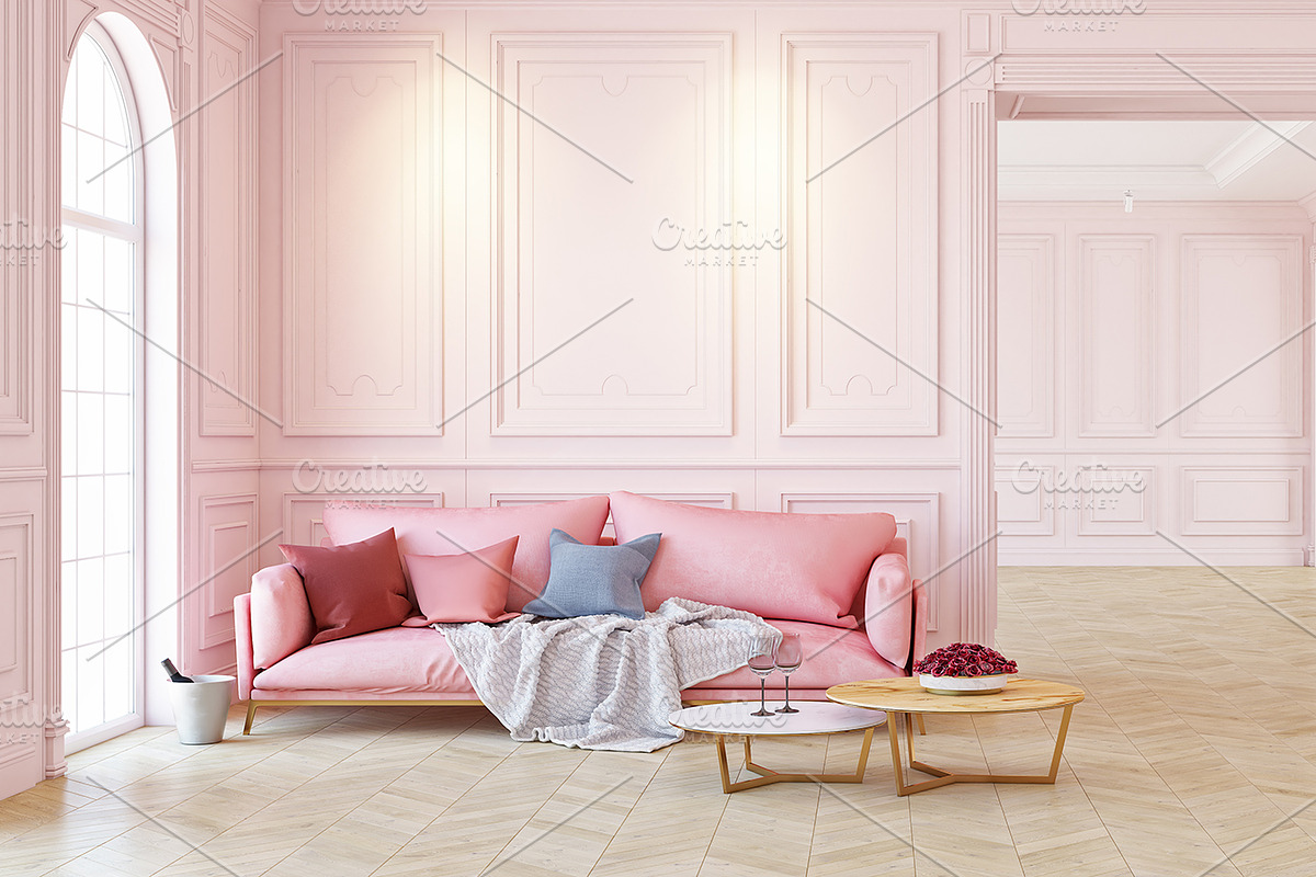 Classic pink interior with sofa, a Household Mockup by YKvisual