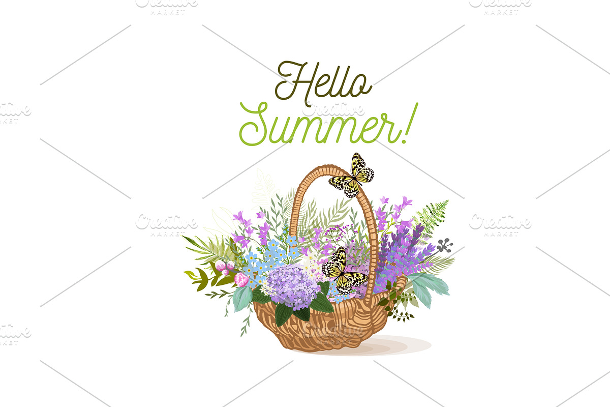 Basket of flowers. Hello summer, an Object Illustration by Nenahliadava Design