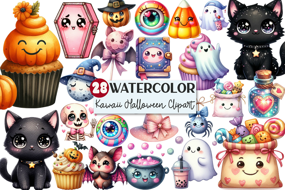 Watercolor Kawaii Halloween Clipart, an Illustration by Rose Art (Photo 1 of 7)