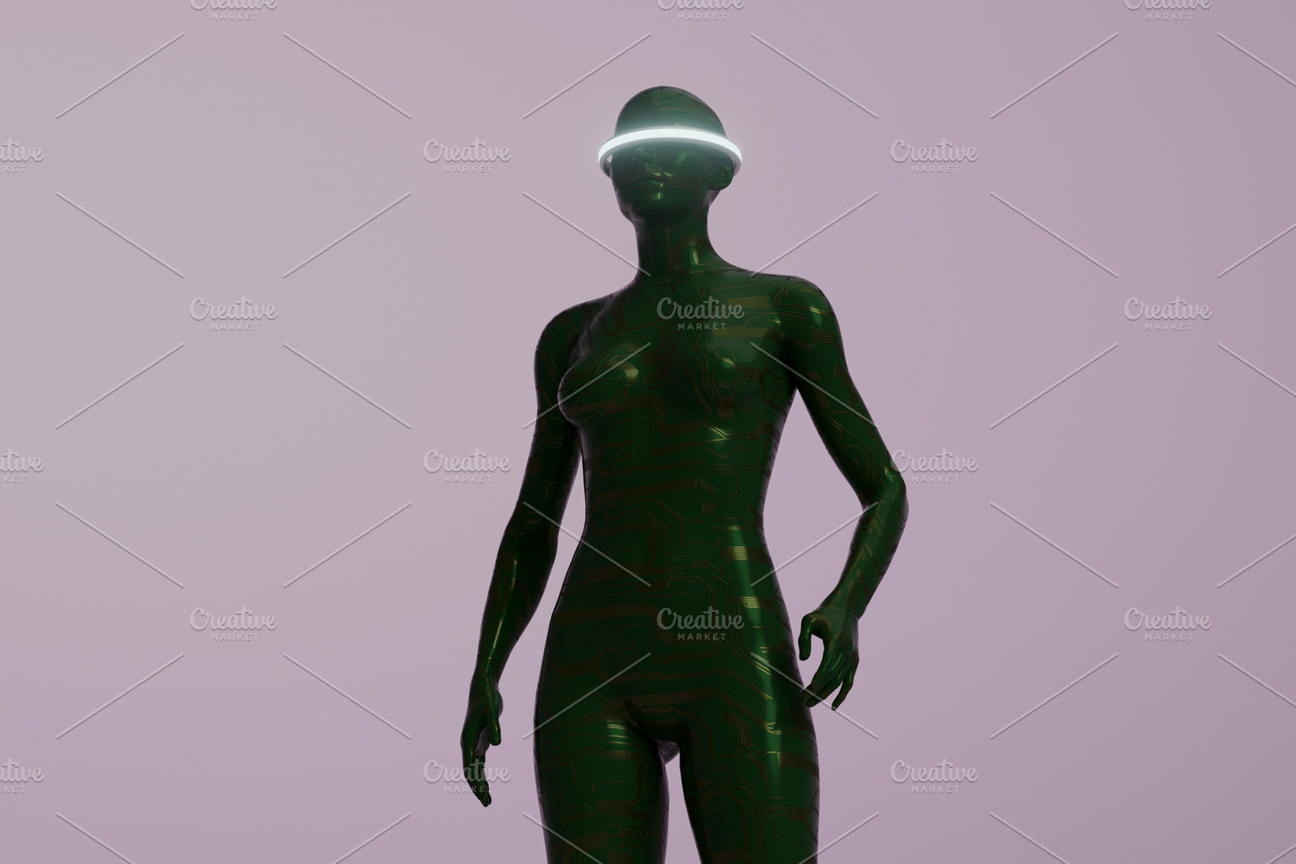 Green circuit humanoid with glowing circular visor, a Technology Photo by RF Images