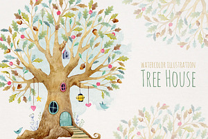 Watercolor Tree House Illustration