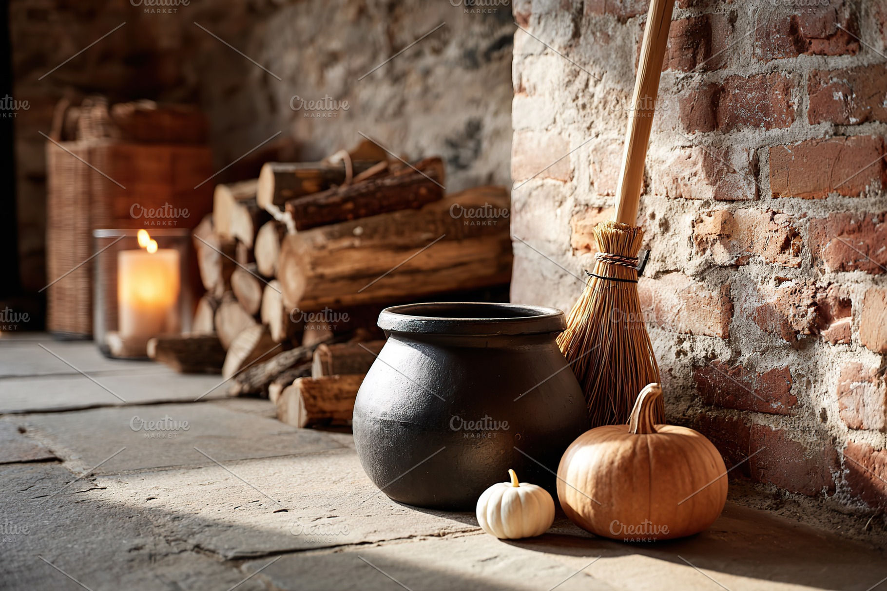 Cozy autumn decorations in a rustic setting with pumpkins, broom, and firewood, a Photo by AlyaAnd