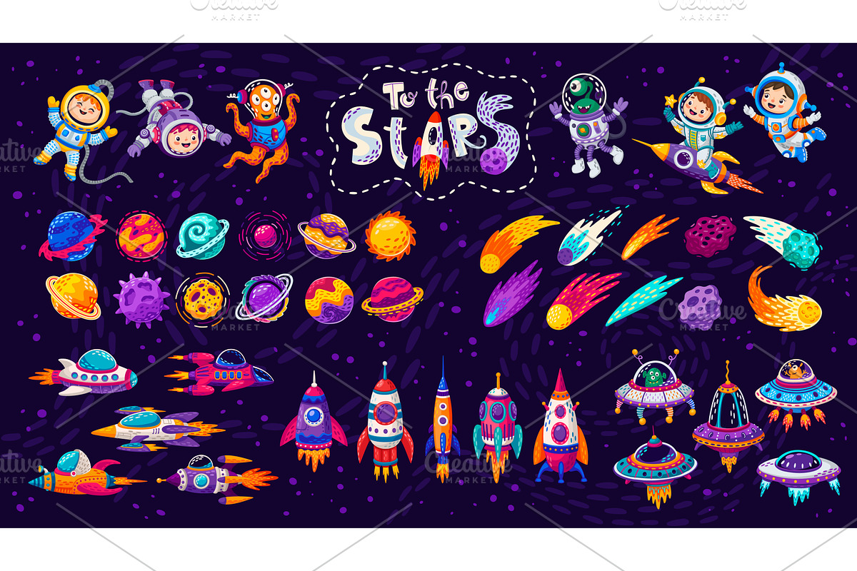 Cartoon kids astronauts, stars, a Transportation Illustration by Vector Tradition