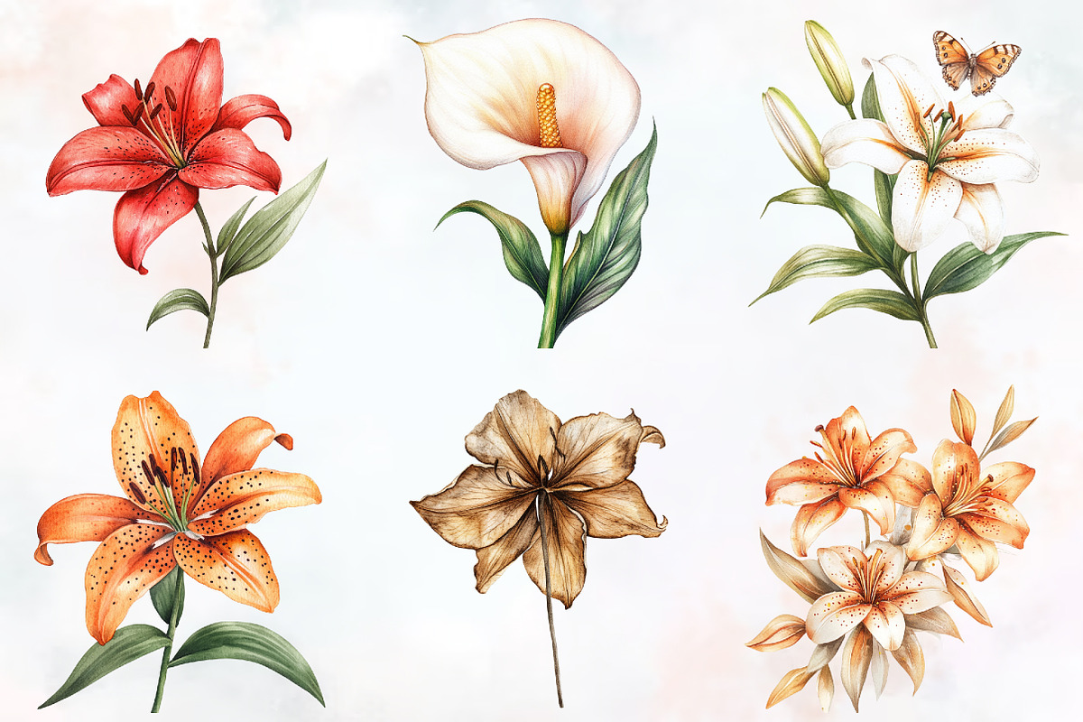 Lily Flower Watercolor Cliparts, an Illustration by RobertsArt (Photo 6 of 7)