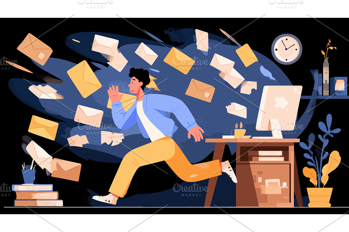Worker spam messages. Employee run, a Person Illustration by Stock-Smart-Start