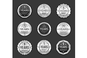 5 years warranty silver badges, an Object Illustration by Vector Tradition