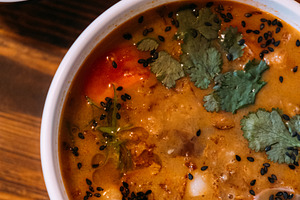 Served dinner tasty food soup rice bowl table, a Food & Drink Photo by Photo Drive Studio