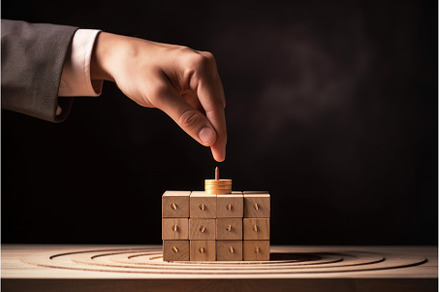 Businessman placing last wooden, a Business Photo by Ylivdesign
