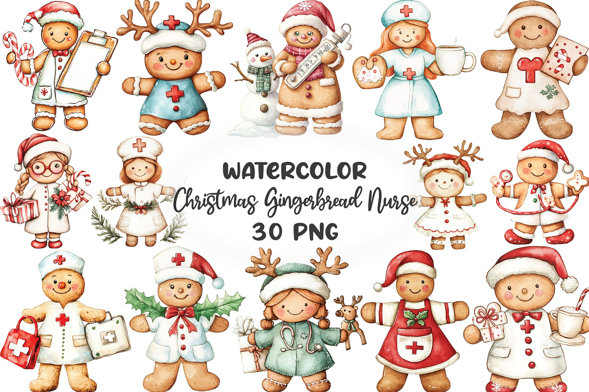 Christmas Gingerbread Nurse Clipart, an Illustration by CraftArtStudio (Photo 1 of 6)
