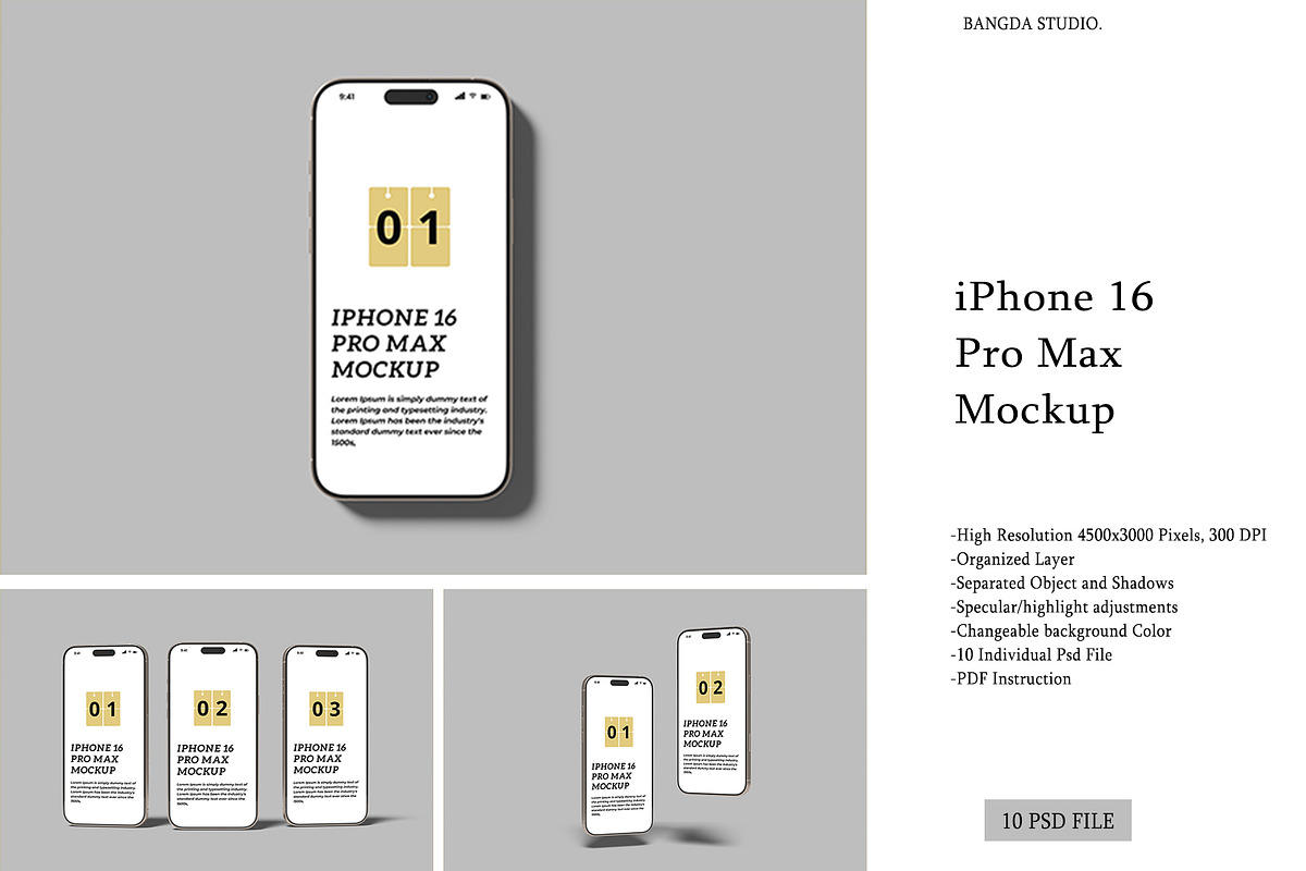 iPhone 16 Pro Max Mockup, an iPhone Mockup by Bangdastudio (Photo 1 of 11)