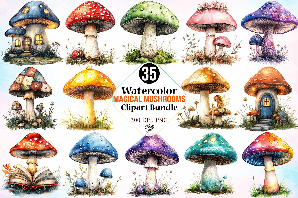 Magical Mushrooms Clipart Bundle, an Illustration by Canvas Craft (Photo 1 of 4)