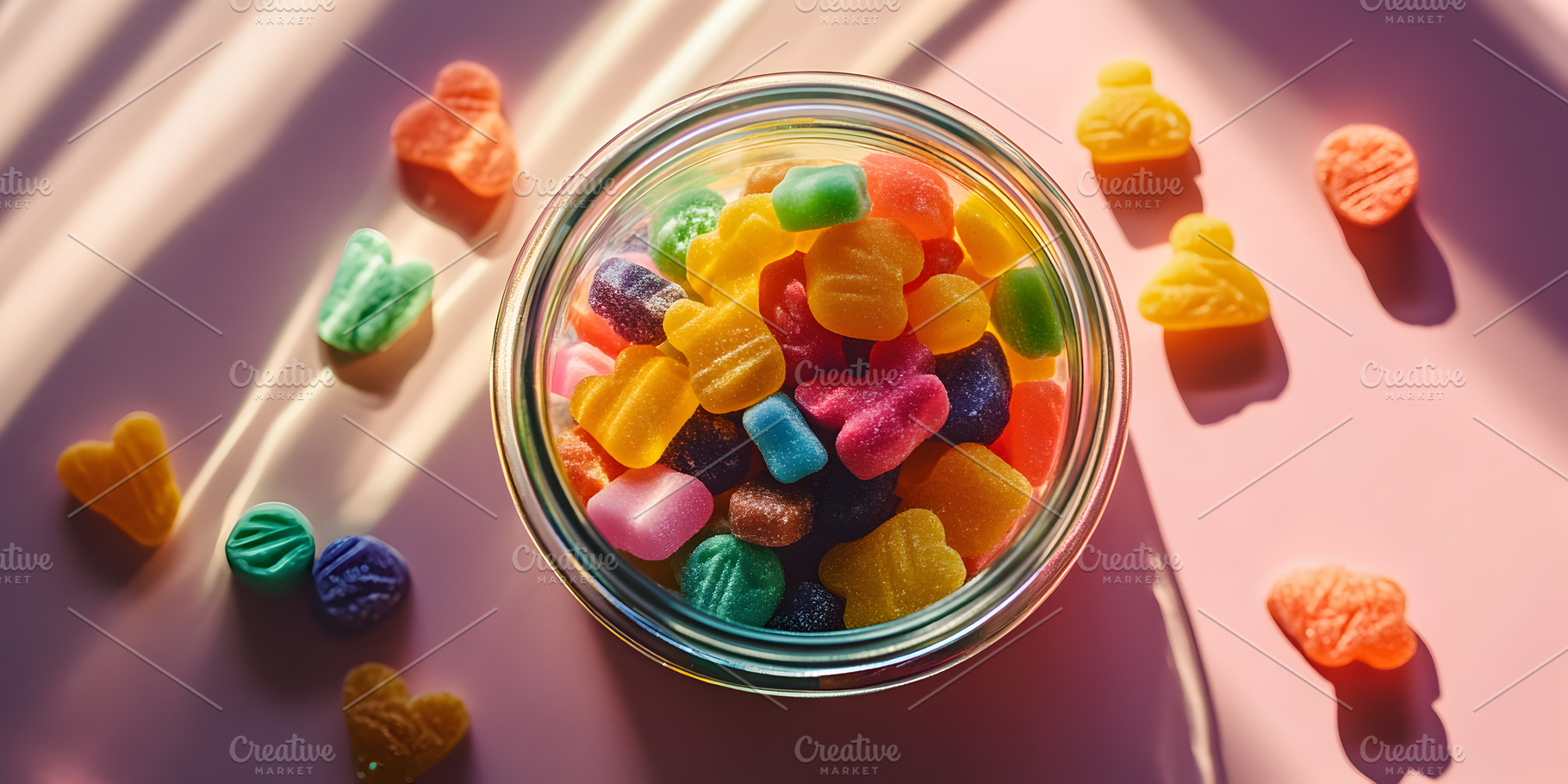 Colorful gummy candies in a glass jar, a Food & Drink Photo by Photostock