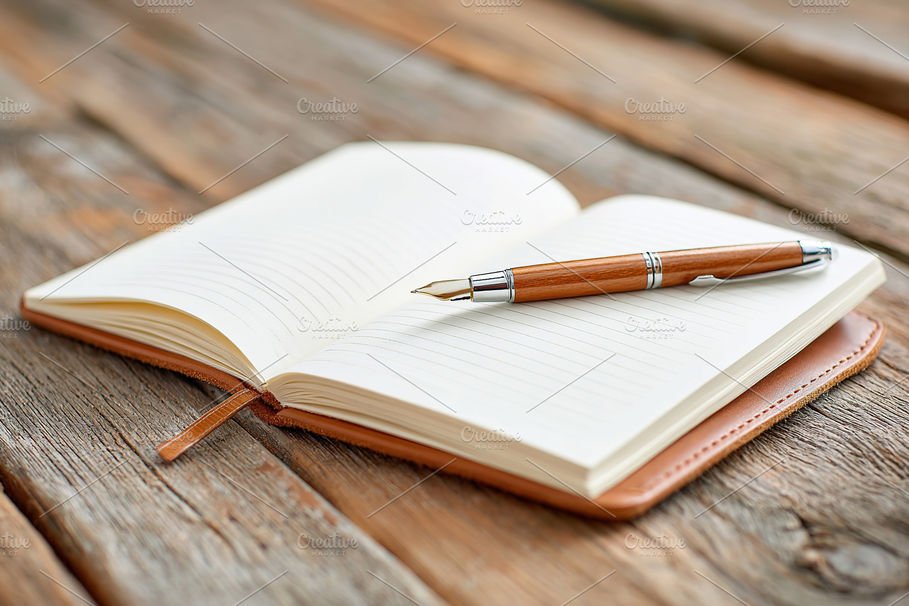 Open journal on a wooden table with a pen ready for writing reflections and ide, a Photo by AlyaAnd