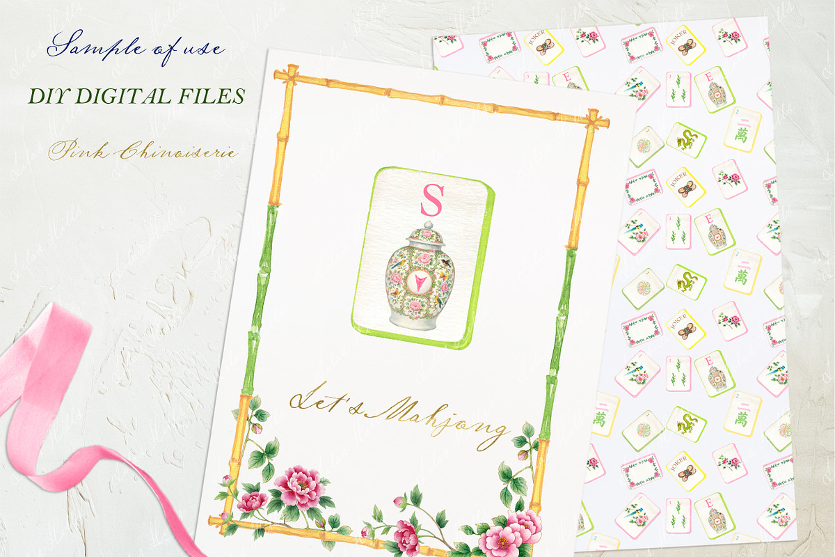 Mahjong Set Chinoiserie Pink Clipart, a Graphic by LABFcreations (Photo 4 of 4)