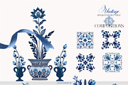 Vintage Bouquets In Delft Blue, a Decorative Illustration by Collection by VY (Thumbnail 5 of 12)