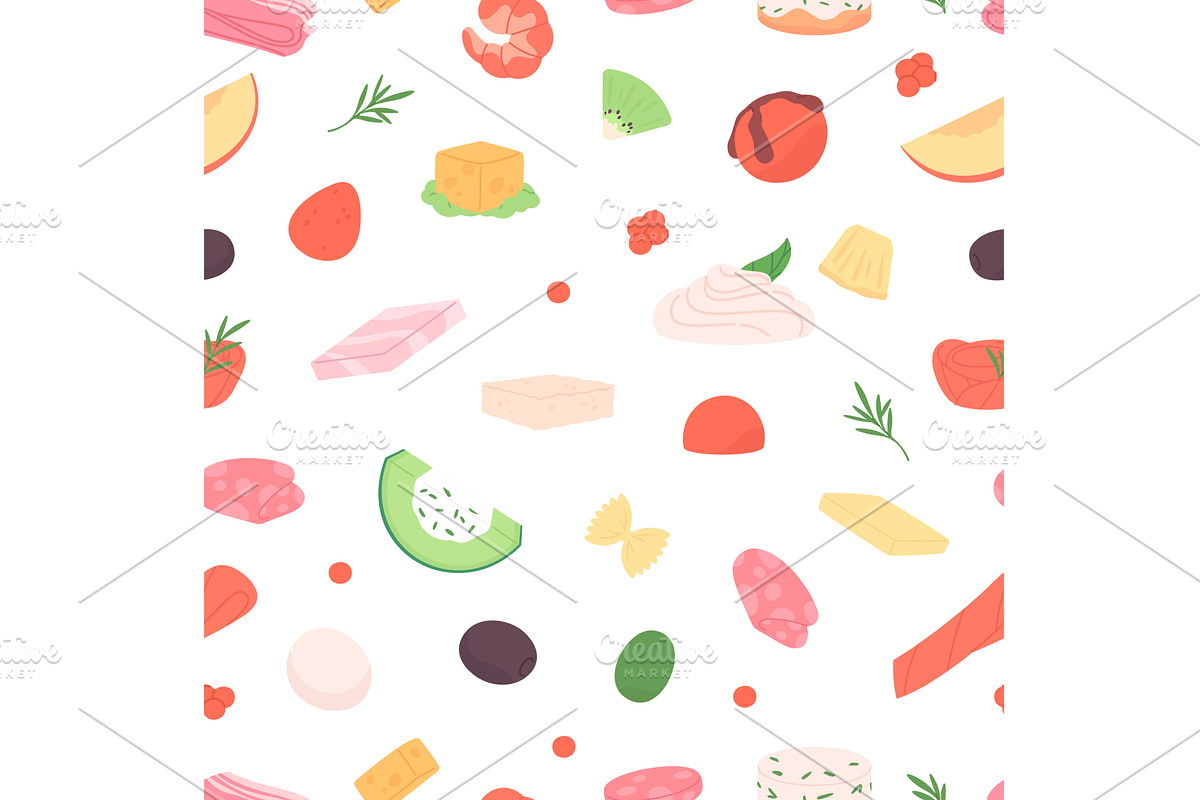 Cut food ingredients seamless, a Food Illustration by LadadikArt