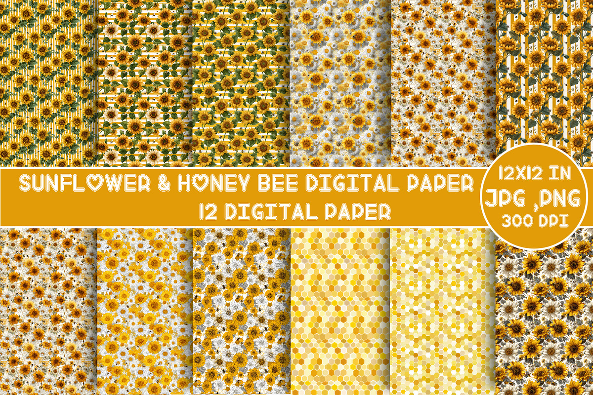 Sunflower & Honey Bee Digital Paper, a Pattern Graphic by Designking (Photo 1 of 4)