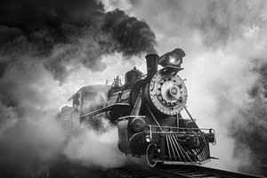 A classic steam locomotive advances, a Photo by Tanuart