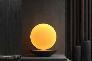 Illuminated orb on minimalist platfo, a Photo by Pixeness Studio