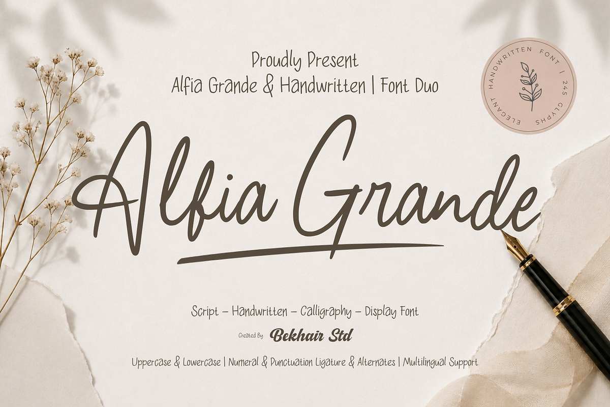 Alfia Grande - Font Duo Script Font, a Script Font by Bekhair Studio (Photo 1 of 13)