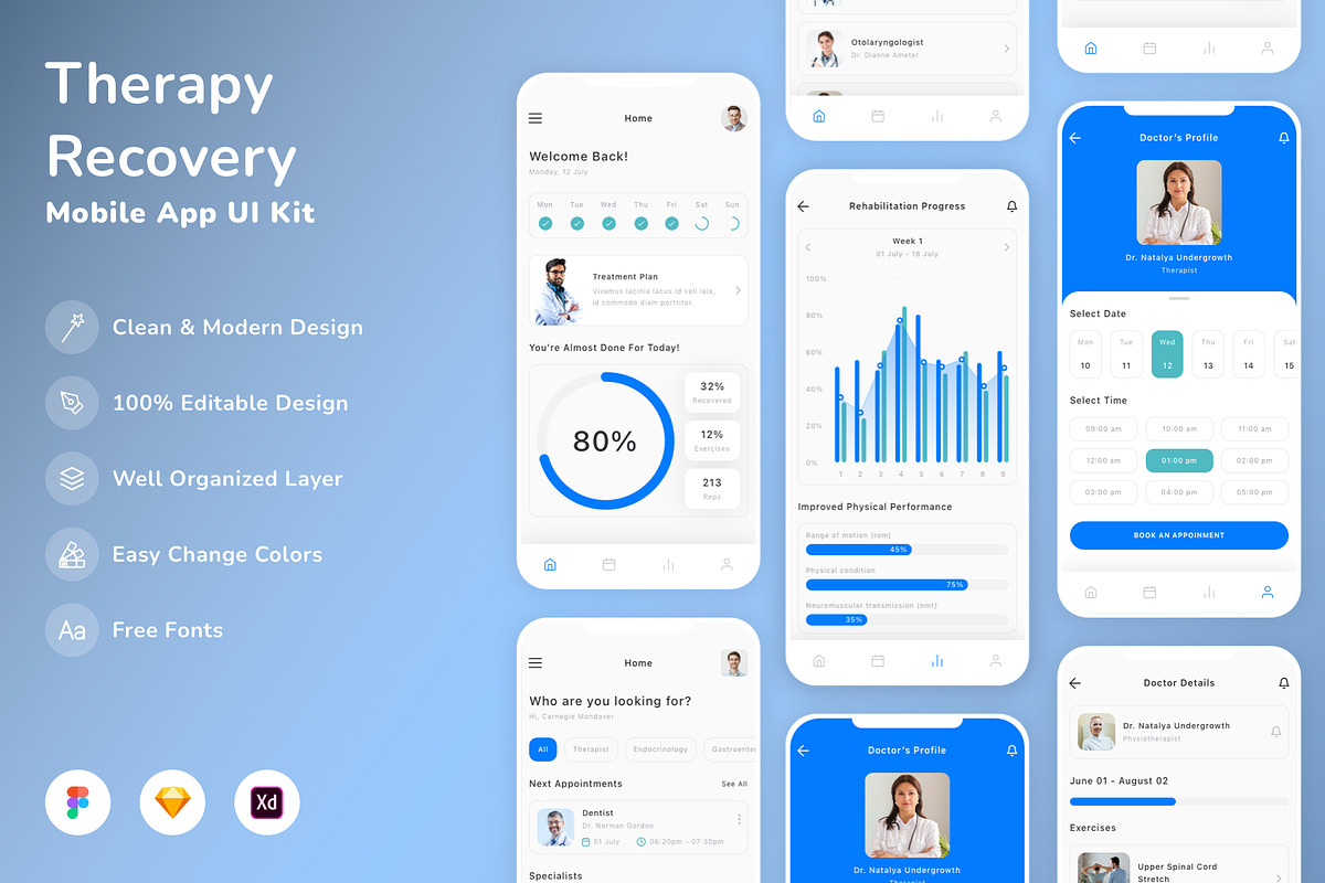 Therapy & Recovery Mobile App UI Kit, an UI Kit Template by Betush