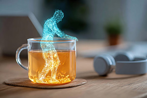 Office workspace features AI assistant hologram interacting with a warm beverag, a Food & Drink Photo by AlyaAnd
